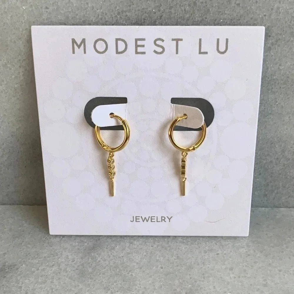 18K Gold Huggie Crystal Dangle Hoop Earrings - Picture 1 of 5